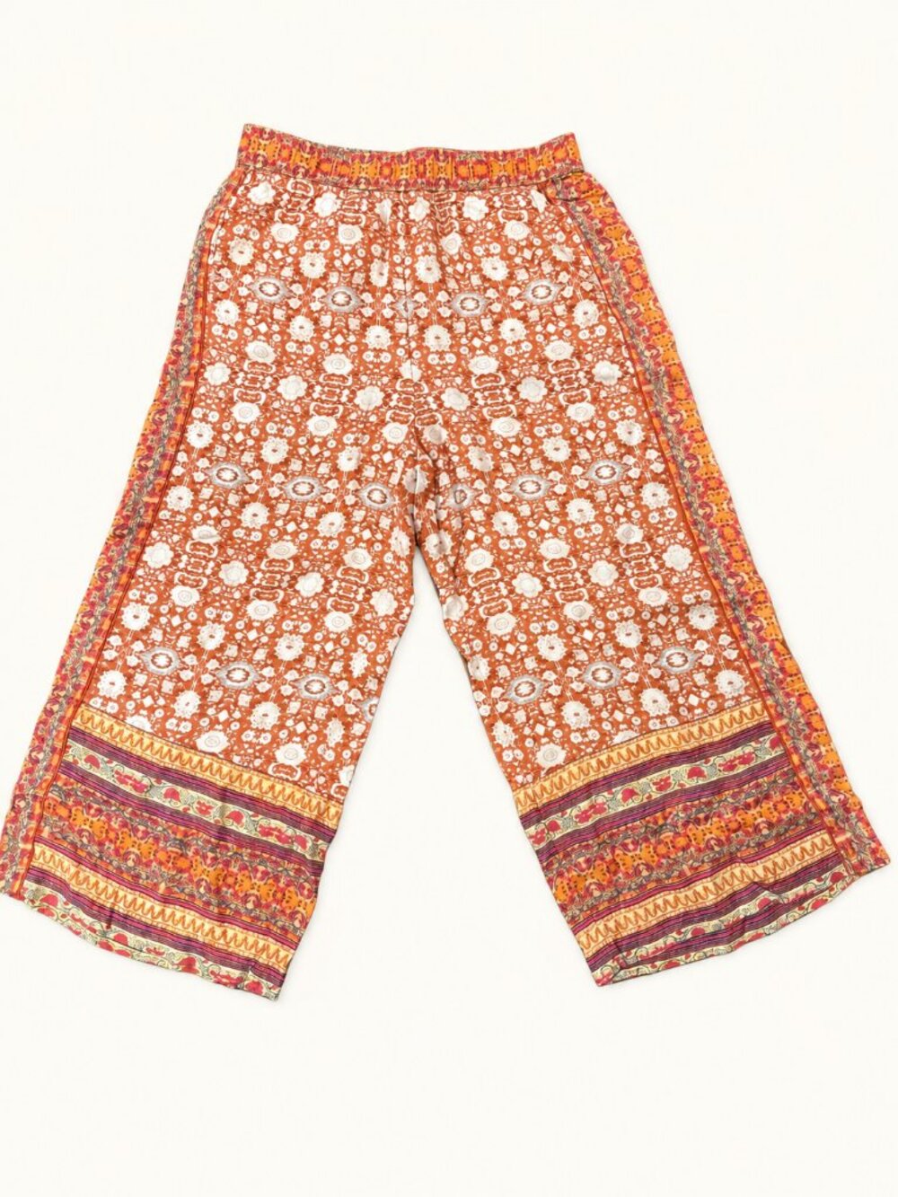 By Anthropologie Orange Cream Border Print Wide-Leg Pants M